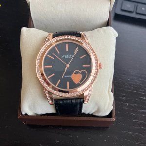 Women's Watch Rose Gold Trim Hearts with Black Bands